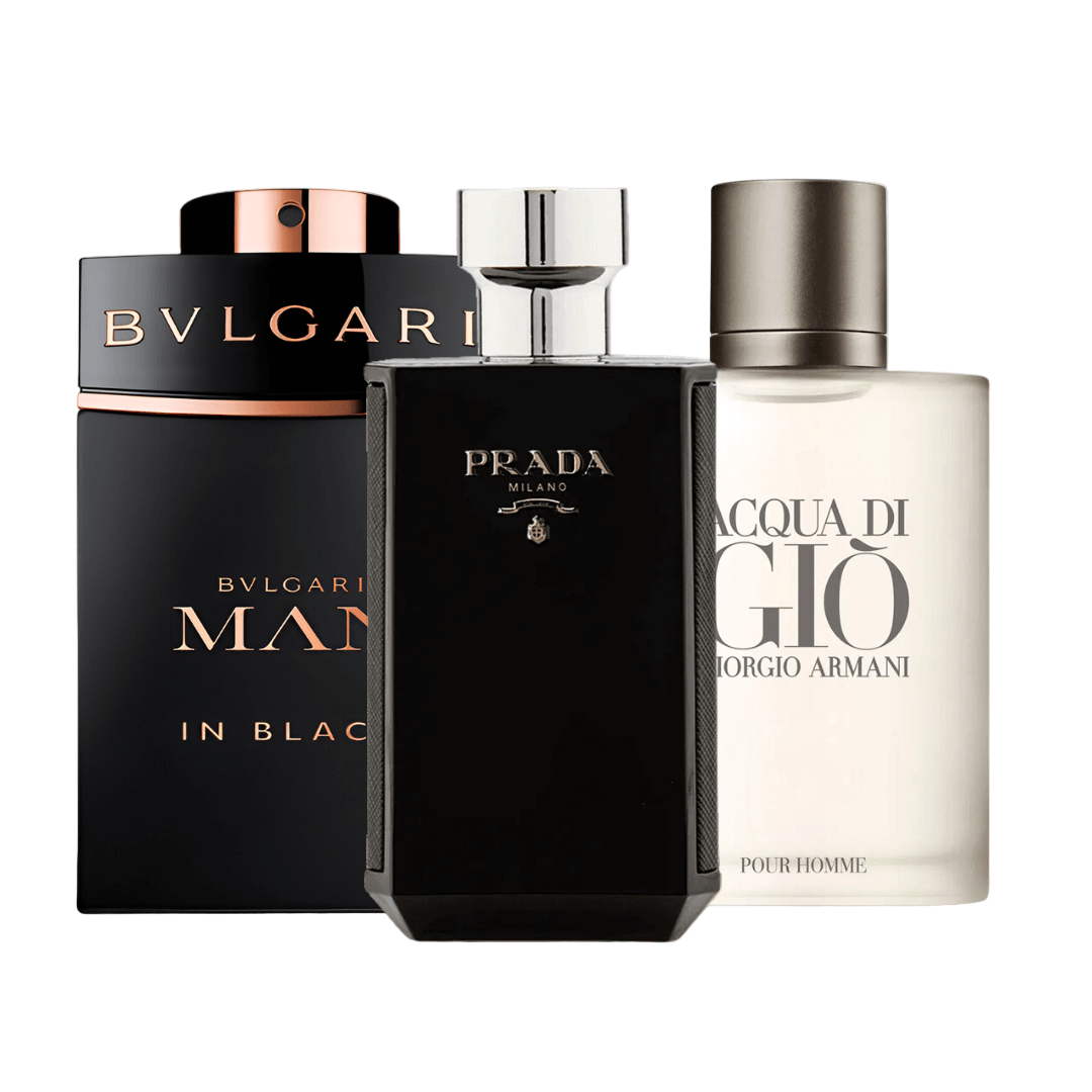 Conjunto de 3 perfumes Bvlgari In Black, Giorgio Armani Acqua Di Gio, L'Homme Prada Intense 100ml